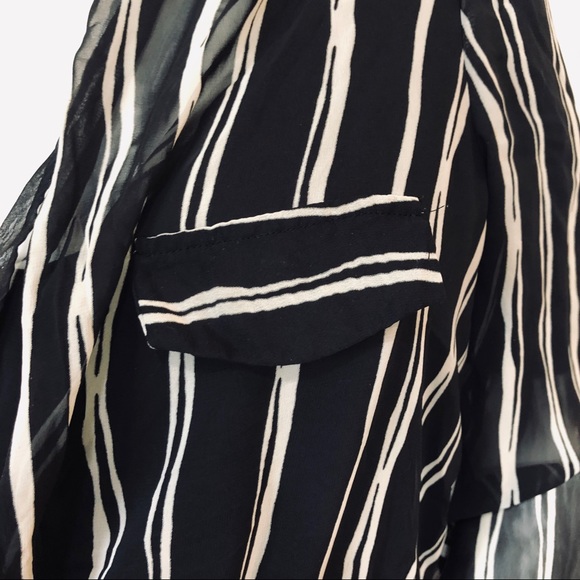 Pleione Blouse Sheer Black White Striped Surplice - Picture 8 of 8